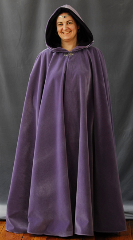 Cloak:1606, Cloak Style:Full Circle Cloak, Cloak Color:Lavender Purple, Fiber / Weave:Cotton Velvet, Cloak Clasp:Tree of Life, Hood Lining:DK Plum Panne Velour, Back Length:55", Neck Length:21", Seasons:Spring, Fall, Winter.