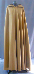 Cloak:1669, Cloak Style:Full Circle Cloak, Cloak Color:Camel, Fiber / Weave:100% wool melton, Cloak Clasp:Vale - Goldtone plated, Hood Lining:dark brown polyester moleskin, Back Length:53.5", Neck Length:20.5", Seasons:Winter, Fall, Spring.