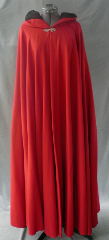 Cloak:1783, Cloak Style:Full Circle Cloak, Cloak Color:Red, Fiber / Weave:Wool Twill, Cloak Clasp:Vale, Hood Lining:Black Moleskin, Back Length:54.5", Neck Length:22.25", Seasons:Spring, Fall, Winter.