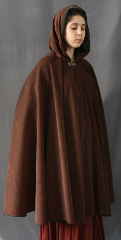 Cloak:1840, Cloak Style:Full Circle Cloak, Cloak Color:Chocolate brown, Fiber / Weave:Polyester Moleskin, Cloak Clasp:Antiquity, Hood Lining:Olive Moleskin, Back Length:39", Neck Length:19", Seasons:Summer, Fall, Spring.