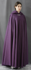 Cloak:1842, Cloak Style:Full Circle Cloak, Cloak Color:Plum Purple, Fiber / Weave:Wool Melton, Cloak Clasp:Triple Medallion, Hood Lining:Plum Purple Cotton Velvet, Back Length:58", Neck Length:22.5", Seasons:Winter, Fall, Spring.