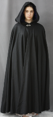 Cloak:1848, Cloak Style:Full Circle Cloak, Cloak Color:Black, Fiber / Weave:Wool Cashmere, Cloak Clasp:Vale, Hood Lining:Blue Microvelvet, Back Length:53", Neck Length:19.5", Seasons:Winter, Fall, Spring, Note:This black full-circle cloak is made of a wool/cashmere blend, making it very soft and warm.<br> The full-sized hood features a blue microvelvet lining, making it quite an elegant garment.<br> Finished with a pewter Vale hook-and-eye clasp..