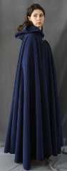 Cloak:1859, Cloak Style:Full Circle Cloak, Cloak Color:Bright Navy Blue, Fiber / Weave:Windblocking Polar Fleece, Cloak Clasp:Triple Medallion, Hood Lining:Self-lining, Back Length:53", Neck Length:27", Seasons:Winter, Fall, Spring.