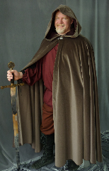 Cloak:1983, Cloak Style:Full Circle Cloak, Cloak Color:Taupe, Fiber / Weave:Cotton Velvet, Cloak Clasp:Tree of Life, Hood Lining:Raisin Moleskin, Back Length:54", Neck Length:22", Seasons:Fall, Spring, Note:Luxuriously soft taupe cotton velvet<br> is just the thing to step up your wardrobe! <br>Full circle cloak features a full <br>hood with raisin moleskin lining. <br>Finished off with a lovely Tree of Life hook-and-eye clasp..