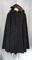 Cloak:2040, Cloak Style:Full Circle Cloak, Cloak Color:Black, Fiber / Weave:Cotton Velvet, washed, Cloak Clasp:Florentine - Medium, Hood Lining:Unlined, Back Length:45", Neck Length:20.5", Seasons:Winter, Fall, Spring, Note:This cloak was created from thick rich washed cotton upholstery velvet.<br>  Thicker than many wool coatings, this velvet cloak provides significant warmth and wind resistance. <br>  An intricate pewter Florentine clasp provides the finishing touch.<br> Machine wash low, gentle, tumble dry low..