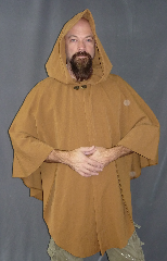 Cloak:2058, Cloak Style:Cape / Ruana, Cloak Color:Warm Camel, Fiber / Weave:Washed Wool, Cloak Clasp:Bavarian - Bronzetone, Hood Lining:Unlined, Back Length:36", Neck Length:19.5", Seasons:Fall, Spring, Note:A cross between a cape and a cloak, a ruana is a great way <br>to keep warm while frequent, unhindered use of your arms <br>is needed. Ruanas make great driving cloaks!.