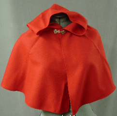 Cloak:2067, Cloak Style:Fuller Half Circle Child's, Cloak Color:Red, Fiber / Weave:Wool Gabardine, Cloak Clasp:Alpine Knot - Silvertone, Hood Lining:Unlined, Back Length:17.25", Neck Length:17", Seasons:Spring, Fall, Summer, Note:This toddler-size cloak is perfect for a 2 to 3 year old Little Red Riding Hood.<br> The red wool gabardine is smooth and suit-weight <br> and can be hand-washed and line dried..