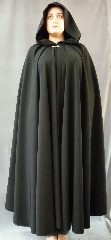 Cloak:2070, Cloak Style:Fuller Half circle, Cloak Color:Black, Fiber / Weave:100% Polyester, Cloak Clasp:Fleur de Lis, Hood Lining:Unlined, Back Length:52.5", Neck Length:22", Seasons:Fall, Spring, Note:This fuller half circle cloak was created from a  black polyester  suiting fabric.<br> The cloak is wrinkle resistant and  provides warmth and wind resistance <br>suitable for cool spring evenings.  A  pewter fleur de lis clasp gives the finishing touch.<br> Machine wash low, gentle, tumble dry low..