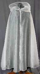 Cloak:2075, Cloak Style:Full Circle Cloak, Cloak Color:Iridescent beaded, Fiber / Weave:Organza - 100% Poly, Cloak Clasp:Laurel Branch - Silvertone, Hood Lining:Unlined, Back Length:53", Neck Length:22", Seasons:Summer, Note:This elegant white organza cloak is ethereal <br>and flowy; perfect for wedding attire. Just sheer <br>enough to show the bridal garb underneath, <br>yet substantial enough for a little added modesty and warmth over a strapless gown. <br>Would be a great alternative to a bridal veil. <br>Finished with a handmade silvertone Laurel Branch hook-and-eye clasp. <br>Would also be great for a fae or spirit costume..