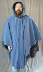Cloak:2080, Cloak Style:Cape / Ruana, Cloak Color:French Blue / Grey 2 toned, Fiber / Weave:Windblock Polar Fleece, Cloak Clasp:Willow Leaf - Silver, Hood Lining:Self-lining, Back Length:44", Neck Length:19.5", Seasons:Winter, Fall, Spring, Note:A cross between a cape and a cloak, a ruana is a great way <br>to keep warm while frequent, unhindered use of your arms <br>is needed. Ruanas make great driving cloaks!<br>This one is made from windblock polar fleece<br> which is both wind proof and water resistant.<br>  Machine washable on gentle and tumble dry low inside out..