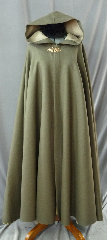 Cloak:2234, Cloak Style:Full Circle Cloak, Cloak Color:Green Grey Brown with taupe inside, Fiber / Weave:Double faced wool, Cloak Clasp:Acanthus - Bronze, Hood Lining:Unlined, Back Length:55", Neck Length:25", Seasons:Fall, Spring, Southern Winter, Winter.
