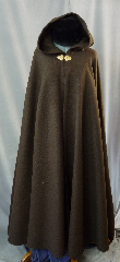 Cloak:2245, Cloak Style:Full Circle Cloak, Cloak Color:Brown, Fiber / Weave:100% Wool, Cloak Clasp:Triple Medallion - Goldtone, Hood Lining:Unlined, Back Length:53", Neck Length:25", Seasons:Winter, Fall, Spring, Note:This dark brown cloak is made of 100% wool basket weave fabric woven from chunky yarns.<br>  The brown is slightly heathered with gray. The generous full hood<br> is unlined, making it great for early period re-enactment..