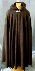 Cloak:2255, Cloak Style:Full Circle Cloak, Cloak Color:Brown, Fiber / Weave:100% Wool, Cloak Clasp:Triple Medallion, Hood Lining:Unlined, Back Length:55", Neck Length:22", Seasons:Winter, Fall, Spring, Note:This dark brown cloak is made of 100% wool basket weave fabric woven from chunky yarns.<br>  The brown is slightly heathered with gray. The generous full hood<br> is unlined, making it great for early period re-enactment..