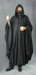 Cloak:2468, Cloak Style:Full Circle Cloak, Cloak Color:Black with Sparkles, Fiber / Weave:85% polyester 15% nylon, Cloak Clasp:Antiquity, Hood Lining:Unlined, Back Length:52", Neck Length:22", Seasons:Summer, Fall, Spring, Note:Easy care washable plus acrylic flannel<br>makes this cloak an easy choice and elegant<br>for a little extra warmth on a spring evening.<br>It has just a bit of sparkle woven in.<br>Great for a day at the Renaissance Fair or a weekend LARP.<br>Machine washable cold gentle, tumble dry low.<br>Throw it on and go!.