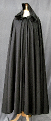 Cloak:2326, Cloak Style:Full Circle Cloak, Cloak Color:Black with Brown tinge, Fiber / Weave:Wool Gabardine blend, Cloak Clasp:Vale, Hood Lining:Unlined, Back Length:55", Neck Length:22", Seasons:Summer, Spring, Fall.