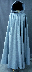 Cloak:2408, Cloak Style:Full Circle Cloak, Cloak Color:Pale Grey Blue, Fiber / Weave:Wool / nylon, Cloak Clasp:Vale, Hood Lining:Unlined, Back Length:55.5", Neck Length:23", Seasons:Spring, Fall, Note:A perfect blend of simplicity and elegance,<br>this full circle cloak is made of a 70% wool,<br>30 % nylon plush fabric in a subtle grey blue heather.<br>Finished with a pewter Renaissance Lotus Medallion<br>hook-and-eye clasp.  Dry Clean..