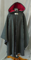 Cloak:2449, Cloak Style:Cape / Ruana, Cloak Color:Charcoal Herringbone with Black, Fiber / Weave:Wool Herringbone, Cloak Clasp:Triple Medallion, Hood Lining:Cranberry Cotton Velveteen, Back Length:45", Neck Length:23", Seasons:Winter, Fall, Spring, Note:A cross between a cape and a cloak, a ruana<br>is a great way to keep warm when<br>frequent, unhindered use of your arms is needed..