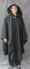 Cloak:2593, Cloak Style:Cape / Ruana extra long (30") over the shoulder, Cloak Color:Charcoal Grey, Fiber / Weave:80% Wool / 20% Nylon, Cloak Clasp:Vale, Hood Lining:Unlined, Back Length:47", Neck Length:21", Seasons:Winter, Fall, Spring.