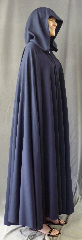 Cloak:2714, Cloak Style:Full Circle Cloak, Cloak Color:Navy Blue, Fiber / Weave:100% Worsted Wool Gabardine Suiting, Cloak Clasp:Alpine Knot - Silvertone, Hood Lining:Unlined, Back Length:53", Neck Length:22", Seasons:Summer, Fall, Spring.