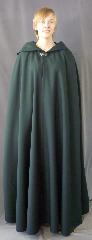 Cloak:2729, Cloak Style:Shaped Shoulder Cloak with liripipe, Cloak Color:Spruce Blue-Green, Fiber / Weave:Wool Gabardine, Cloak Clasp:Antiquity, Hood Lining:Unlined, Back Length:56", Neck Length:22", Seasons:Fall, Spring, Summer.