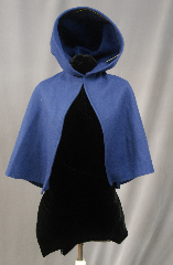 Cloak:2790, Cloak Style:Half Circle Hobbit Cloak with liripipe, Cloak Color:Blue, Fiber / Weave:100% Wool, Cloak Clasp:TBD, Hood Lining:Unlined, Back Length:22", Neck Length:17", Seasons:Spring, Fall, Southern Winter, Winter, Note:Perfect Starter cloak for a child.<br>Open in the front for ease of movement<br>with a pointed Liripipe/ travelers hood.<br>Good for cool evenings for a fun addition to any wardrobe.<br>Dry Clean Only. The cost of the clasp is included..