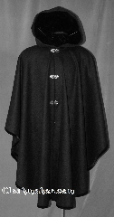 Cloak:2795C, Cloak Style:Ruana Cloak Casco Bay inspired<br>Made to order, Cloak Color:Black, Fiber / Weave:100% Cashmere, Cloak Clasp:Vale, Hood Lining:Velvet, Back Length:Made to Order<br>Please allow 6-8 weeks to create the cloak, Neck Length:Made to Order<br>Please allow 6-8 weeks to create the cloak, Seasons:Fall, Spring, Note:Inspired by the former<br>Casco Bay Works in Portland. Maine.<br>This gorgeous Ruana cloak can be<br>made to order in either wool or cashmere<br>in a variety of colors and detail.<br>This example is made of<br>100% cashmere and suited for<br>fall to winter weather.<br>Warmer and softer than wool by weight.<br>Featuring a black velvet lining<br>in the hood and black velvet edging,<br>it is finished with three hook-and-eye<br>Vale clasps<br>Made to order with your specific colors and details<br>Please allow 6-8 weeks to create the cloak.