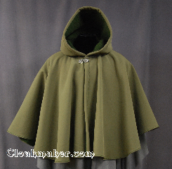 Cloak:2801, Cloak Style:Full Circle Short Cloak, Cloak Color:Olive, Fiber / Weave:Power Shield / Polyester, Cloak Clasp:Vale, Hood Lining:Fleece, Back Length:26", Neck Length:20", Seasons:Winter, Spring, Fall, Note:Water resistant heavy duty<br>Power shield cloak in olive green.<br>Great for children and adults<br>who enjoy outdoor activities.<br>With a soft matching fleece lining<br>this cloak will keep you warm and<br>protected from most weather.<br>Machine washable tumble dry hang..