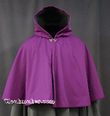 Cloak:2810, Cloak Style:Full Circle Short Cloak, Cloak Color:Purple / Radiant Orchid, Fiber / Weave:Ultrex, Cloak Clasp:Vale, Hood Lining:Tricot grey, Back Length:20", Neck Length:24", Seasons:Spring, Fall, Southern Winter, Note:Water resistant with a soft grey lining<br>and the pantone color of 2014!<br>This cloak will keep you warm and<br>protected from most weather.<br>Machine Washable Line dry..
