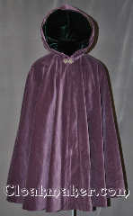 Cloak:2817, Cloak Style:Full Circle Cloak, Cloak Color:Purple, Fiber / Weave:100% Cotton Velveteen, Cloak Clasp:Vale, Hood Lining:Dark Green Velvet, Back Length:38.5", Neck Length:20", Seasons:Fall, Spring, Note:This soft velvety violet cloak<br>is a lovely touch for those<br>cool spring fall evenings.<br>Lined with a dark green velvet in the hood<br>and finished off with a silver-tone<br>hook-and-eye clasp.<br>Machine washable..