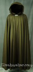 Cloak:2818, Cloak Style:Full Circle Cloak, Cloak Color:Olive Green, Fiber / Weave:100% Wool Suiting, Cloak Clasp:Vale, Hood Lining:Unlined, Back Length:52.5", Neck Length:21.5", Seasons:Summer, Fall, Spring, Note:This lightweight cloak made of wool suiting<br>is a elegant touch for late spring,<br>early fall, those cool summer evenings<br>or indoor events. Finished off with<br>a pewter hook-and-eye clasp.<br>Dry Clean Only.
