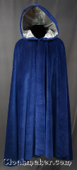 Cloak:2821, Cloak Style:Full Circle Cloak, Cloak Color:Blue, Fiber / Weave:100% Cotton Velveteen, Hood Lining:Light Grey Velvet, Back Length:46", Neck Length:20", Seasons:Fall, Spring, Note:This soft velvety blue cloak<br>is a lovely touch for those<br>cool spring fall evenings.<br>Lined with a light grey velvet in the hood<br>and finished off with a silver-tone<br>hook-and-eye clasp.<br>Machine washable..