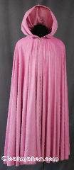 Cloak:2835, Cloak Style:Full Circle Cloak, Cloak Color:Pink, Fiber / Weave:100% Polyester, Cloak Clasp:Alpine Knot - Silvertone, Hood Lining:Unlined, Back Length:56", Neck Length:22", Seasons:Fall, Spring, Note:A soft bubblegum pink velvet cloak<br>Perfect for cool evenings, adding a<br>touch of drama and elegance.<br>Finished off with a with a silvertone<br>Alpine Knot hook-and-eye clasp.<br>Machine Washable..