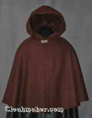 Cloak:2837, Cloak Style:Shaped Shoulder Cloak - Short, Cloak Color:Brown, Fiber / Weave:100% Wool, Cloak Clasp:Vale, Hood Lining:Unlined, Back Length:25.5", Neck Length:21", Seasons:Winter, Southern Winter, Fall, Spring, Note:The perfect starter cloak for a child or adult.<br>Sized for play and walking.<br>This cloak has extra length for warmth.<br>100% wool. Dry clean only..