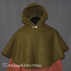 Cloak:2843, Cloak Style:Shaped Shoulder Cloak - Short, Cloak Color:Olive, Fiber / Weave:Fleece, Cloak Clasp:Alpine Knot - Silvertone, Hood Lining:Unlined, Back Length:20", Neck Length:24", Seasons:Winter, Fall, Spring, Note:The perfect starter cloak for a child or adult.<br>Sized for play and walking.<br>Machine Washable..
