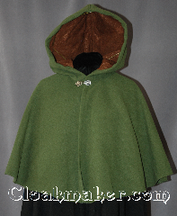 Cloak:2882, Cloak Style:Full Circle Short Cloak, Cloak Color:Meadow Green, Fiber / Weave:Wool Cashmere Blend, Cloak Clasp:Antiquity, Hood Lining:Brown Velvet with leaf pattern, Back Length:20", Neck Length:19.25", Seasons:Winter, Fall, Spring, Note:Get complements everywhere you go<br>in this meadow green cashmere<br>full circle short cloak.<br>Soft and warm for winter,<br>this cloak is lined with a medium<br>brown velvet with leaf pattern.<br>Dry Clean Only..
