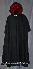 Cloak:2898, Cloak Style:Full Circle Cloak<br>Victorian Mantle, Cloak Color:Black, Fiber / Weave:80% Wool / 20% Nylon, Cloak Clasp:Triple Medallion, Hood Lining:Red Rayon Velvet, Back Length:55", Neck Length:20", Seasons:Winter, Fall, Spring, Note:Aristocratic and elegant, this heavy<br>mantled full circle cloak provides<br>protection from the cold while<br>complementing your look. With its<br>lavish red velvet lined hood<br>and elegant Triple Medallion hook and eye<br>clasp, you will be looking forward<br>to those New England winters.<br>Dry clean only..