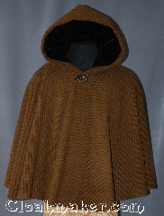 Cloak:2904, Cloak Style:Full Circle Short Cloak, Cloak Color:Russet Brown and Black, Fiber / Weave:100% wool coated basket weave, Cloak Clasp:Vale, Hood Lining:Black Velvet, Back Length:26", Neck Length:22", Seasons:Fall, Spring, Southern Winter, Note:One of a kind short full circle cloak<br>with a eye catching Russet Brown and<br>Black basket weave pattern.<br>Made of 100% wool, you will be warm<br>while having full range of movement<br>for driving and other daily activities.<br>Black accent pieces in velvet hood<br>and black enameled Vale clasp<br>add to the elegant look.<br>Dry clean only..