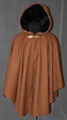 Cloak:2910, Cloak Style:Cape / Ruana, Cloak Color:Light Coffee / Terracotta Brown, Fiber / Weave:100% Wool Melton, Cloak Clasp:Oak - Simple, Hood Lining:Emerald Green Silk Velvet, Back Length:38", Neck Length:21.5", Seasons:Winter, Fall, Spring, Note:This Ruana makes a great driving cloak!<br>A cross between a cape and a cloak,<br>a Ruana is a great way to keep warm<br>when frequent, unhindered use of your<br>arms is needed. With a complementary<br>emerald green hood lining and<br>oak leaf clasp, this cloak is both<br>fashionable and practical.<br>Dry Clean Only..