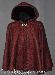 Cloak:2924, Cloak Style:Full Circle Short Cloak, Cloak Color:Black and Maroon, Fiber / Weave:100% Wool, Cloak Clasp:Antiquity, Hood Lining:Black Velvet, Back Length:24", Neck Length:21", Seasons:Fall, Spring, Note:This black and maroon full circle<br>short cloak will add respect and<br>awe to any outfit.<br>This gorgeous woven wool cloak<br>has a soft, elegant black lined hood<br>and is perfect for young adults<br>or as a fashionable shawl alternative.<br>Dry Clean Only.