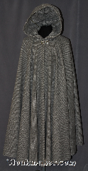 Cloak:2980, Cloak Style:Full Circle Cloak, Cloak Color:Grey and Black Chevron, Fiber / Weave:Wool Silk blend, Cloak Clasp:Scottish Thistle - Silvertone, Hood Lining:Unlined, Back Length:49", Neck Length:21.5", Seasons:Winter, Fall, Spring, Note:Dense and warm for the coldest nights.<br>This grey and black chevron<br>ull circle cloak is made of a<br>wool silk blend and will stop<br>people in their tracks.<br>One of a kind and machine<br>washable with a silvertone<br>plated hook and eye thistle clasp..