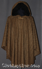 Cloak:2991, Cloak Style:Cape / Ruana, Cloak Color:Tan and black weave, Fiber / Weave:100% Wool, Cloak Clasp:Victorian Flourish Extra Large, Hood Lining:Black Cotton Moleskin, Back Length:37", Neck Length:24", Seasons:Fall, Spring, Southern Winter, Winter, Note:This gorgeous one of a kind<br>100% wool black and tan<br>chevron stripe ruana is perfect<br>for driving to those cool<br>evenings outdoor events.<br>A cross between a cape and a cloak,<br>a ruana is a great way to keep warm<br>while frequent, unhindered use<br>of your arms is needed.<br>The sides reach with an overarm of 26"<br>and it is accented with an<br>extra large Victorian Flourish<br>hook-and-eye clasp.<br>Dry clean only..