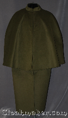 Cloak:3017, Cloak Style:Mantle Coachman / Highwayman / Statesman, Cloak Color:Mossy Green, Fiber / Weave:100% Polyester<br>Suede outer finish, brushed inner surface, Cloak Clasp:Plain Rope<br>Hook & Eye, Hood Lining:Collared, Back Length:52", Neck Length:20", Seasons:Winter, Southern Winter, Fall, Note:Soft and velvety outside and<br>ideal for a cold evenings.<br>This warm mossy green<br>highwayman with a 27" mantle<br>is self lined in brown fleece<br>with a silver tone plain rope<br>hook and eye clasp.<br>With inner pockets and arm holes<br>you will have unhindered use of<br>your arms while staying warm<br>Machine washable.