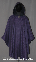 Cloak:3044, Cloak Style:Ruana, Cloak Color:Purple Black Stripe, Fiber / Weave:80% Wool / 20% Nylon, Cloak Clasp:Vale, Hood Lining:Fully lined<br> with navy wool, Back Length:41"<br>27" overarm, Neck Length:20", Seasons:Fall, Spring, Southern Winter, Note:A cross between a cape and a cloak,<br>a ruana is a great way to keep warm<br>while frequent, unhindered use<br>of your arms is needed.<br>This purple and black stripe wool<br> ruana is fully lined<br>with a dark navy wool with<br>matching inner pockets<br>on both sides. Perfect for<br>indoor and outdoor events<br> Accented with a silver tone vale<br>hook-and-eye clasp.<br>Dry Clean only..