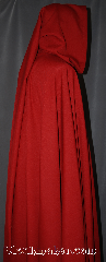 Cloak:3055, Cloak Style:Full Circle Cloak w/ Lirapipe hood, Cloak Color:Red, Fiber / Weave:100% Wool, Cloak Clasp:Drage Pewter, Hood Lining:Unlined, Back Length:58", Neck Length:23", Seasons:Fall, Spring, Note:This lightweight red<br>full circle cloak has a<br>dramatic swoosh/drape<br>perfect for cool evenings.<br>Made from 100% wool suiting.<br>Features a lirepipe hood,<br>great for use as a<br>scarf or storage<br>accented with a pewter drage<br>hook-and-eye clasp<br>Dry clean only.<br>Can be hemmed to<br>desired length<br>and lirepipe altered<br>to classic hood..
