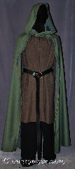 Cloak:3080, Cloak Style:Hobbit Style Cloak with Liripipe, Cloak Color:Green Heathered, Fiber / Weave:Wool, Cloak Clasp:Pewter Buttons, Hood Lining:Unlined, Back Length:53", Neck Length:20", Seasons:Fall, Spring, Note:An open-front cloak perfect for<br>displaying armor or a creative costume.<br>The liripipe hood adds an<br>extra air of playful fun.<br>Wash cold line dry.<br>Pictured with Tunic J467<br>Pants T196 and Belt BTR0001BZ<br>All sold separately.
