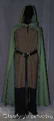 Cloak:3084, Cloak Style:Hobbit Style Cloak, Cloak Color:Green Heathered, Fiber / Weave:Wool, Cloak Clasp:Hammered Shank Buttons, Hood Lining:Unlined, Back Length:54", Neck Length:17", Seasons:Fall, Spring, Note:An open-front cloak perfect for<br>a petite person or youth<br>looking for something light<br>to wear in the Spring and Fall.<br>With a deep hood to shield<br>your face from bright sunlight or rain,<br>and an open front to fully<br>display your costume or armor.<br>Wash cold line dry..