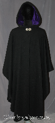Cloak:3085, Cloak Style:Ruana Pullover Cloak, Cloak Color:Black, Fiber / Weave:Wool Cashmere blend, Cloak Clasp:Celtic Knot Round, Hood Lining:Purple Cotton Velveteen, Back Length:48", Neck Length:23", Seasons:Fall, Spring, Southern Winter, Winter, Note:A cross between a cape and a cloak,<br>a pullover ruana is a great way<br>to keep warm while frequent,<br>unhindered use of your arms <br>is needed. Ruanas make great driving cloaks!<br>Made from a wool cashmere blend<br>with accents of a purple<br>velveteen hood lining and<br>Round celtic knot clasp.<br>Dry spot or clean only.
