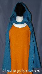 Cloak:3102, Cloak Style:Half Circle Hobbit Cloak Child, Cloak Color:Teal Blue, Fiber / Weave:Wool Blend, Cloak Clasp:Snap Button, Hood Lining:Unlined, Back Length:32", Neck Length:19", Seasons:Fall, Spring, Note:Going on an adventure?<br>This lightweight cloak allows for<br>running and hiking with a open front.<br>Perfect for a kid sized ranger or<br>child's hobbit cloak<br>Machine washable.<br>(Shown with gown G924 sold Separately).