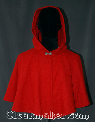 Cloak:3111, Cloak Style:Short Shape Shoulder Cloak, Cloak Color:Red, Fiber / Weave:Wool, Cloak Clasp:Marit Pewter, Hood Lining:Unlined, Back Length:23", Neck Length:21", Seasons:Fall, Spring, Note:Shorter length lightweight cloak<br>in a classic red.<br>Perfect as a starter cloak for a child or adult <br>It features an unlined full-sized hood.<br>This wool has been washed and can<br>continue to be washed gently in cold water..