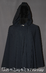 Cloak:3116, Cloak Style:Short Full Circle Cloak<br>with lirapipe hood, Cloak Color:Navy Blue, Fiber / Weave:Wool Blend, Cloak Clasp:Stina Pewter, Hood Lining:Unlined, Back Length:30", Neck Length:21.5", Seasons:Fall, Spring, Note:A wonderful starter cloak for a<br>child or adult. in a dark navy wool suiting<br>sized for play and walking.<br> With a liripipe hood for added storage or scarf.<br>Machine washable..